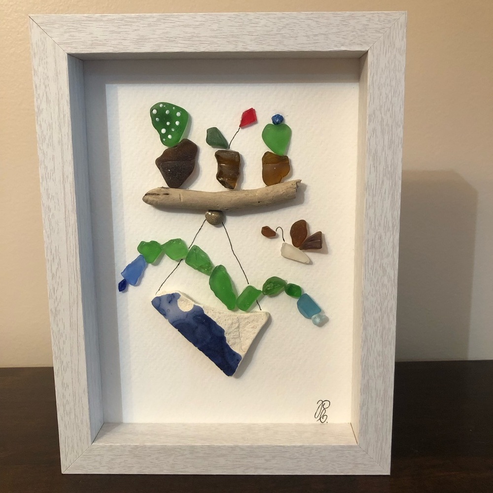 Framed Green and Blue Sea Glass Wall Art Handmade Driftwood Collage BEACH GLASS